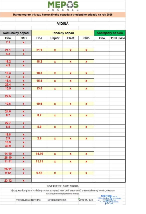 Harmonogram vývozu komunálneho odpadu a&nbsp;triedeného odpadu na&nbsp;rok 2026