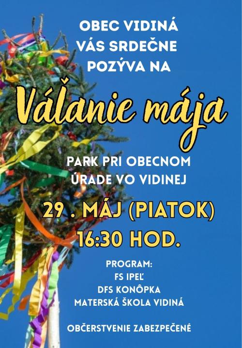 Plagát váľanie mája, 29. mája o 16:30 hod. v parku pri obecnom úrade